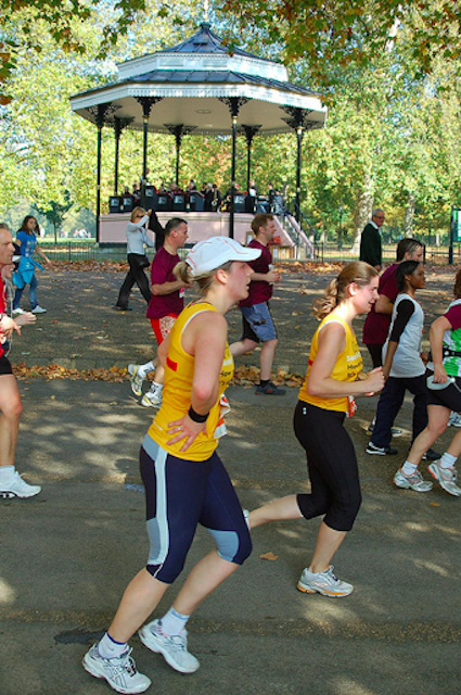 Runners going past the Hyde Park bandstand in the 2008 Royal Parks Half Marathon. By Andrew Smith.