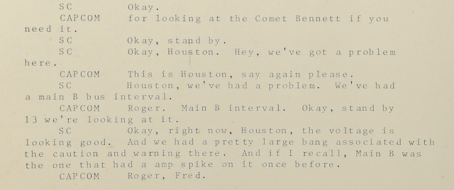 Mission Commentary for Apollo 13, NASA 1970.
Comprising mimeographed transcripts of the exchanges between the command module and Launch Control and later Mission Control Centre, Houston, 11-17 April 1970, covering the mission from before lift-off until re-entry, contained in two ring- binders.
(Estimate £3,000-£5,000)