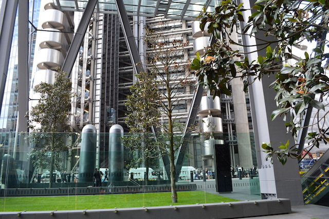 A touch of green. Apparently, the grassy area partly withdraws to reveal a fire escape from the nearby Aviva Building. 