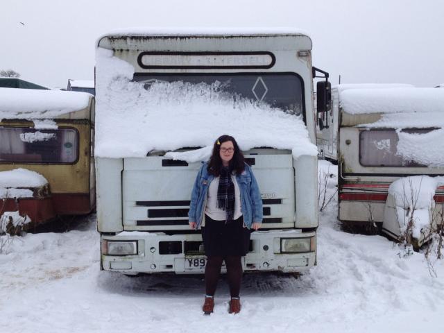 Verity-Jane Keefe with the Mobile Museum in winter snow. (Photo: Verity-Jane Keefe)