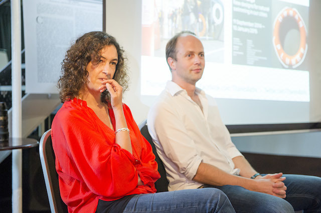 Caitlin Davies (l) and Chris Romer-Lee dip their toes into the history of swimming in the Thames