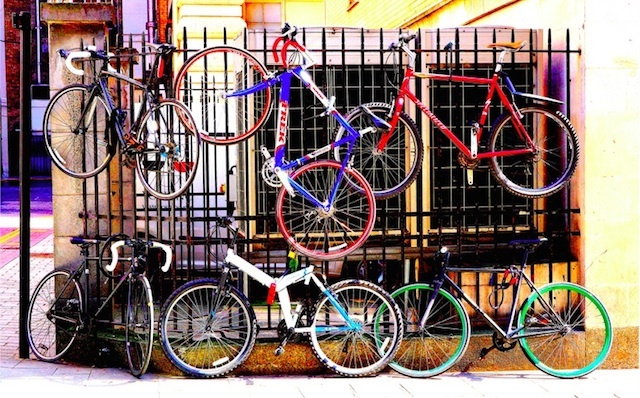 Impromptu cycle rack in a side street just off Piccadilly. Photo by Paul Biggs.