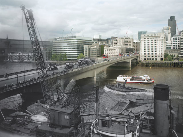 Hybrid Image: Looking north across London Bridge, 1920s, by George Davison Reid. Today the Museum of London Docklands released 16 hybrid photographs showing ‘then and now’ views of London and its most iconic bridges across the ages. The 16 ghostly images, which juxtapose historic views with their present day perspective, have been created using photographs showcased in Museum of London Docklands’ new art exhibition Bridge, opening on Friday 27 June.