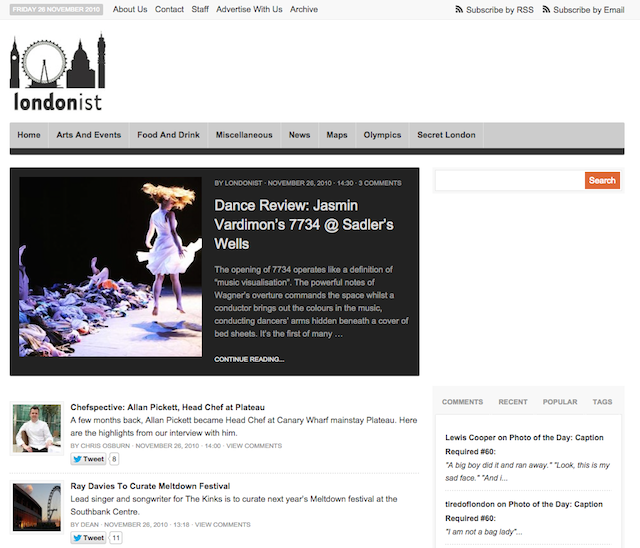 All change in 2010, as we became more independent from the Gothamist network and redesigned the site. The new, pared-down black and white site also brought a change of underlying software, when we moved from Movable Type to Wordpress.