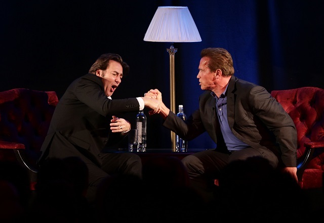 Arnold Schwarzenegger (right) in conversation with host Jonathan Ross during 'An Evening with Arnold Schwarzenegger', at the Lancaster London Hotel in London. PRESS ASSOCIATION Photo. Picture date: Saturday November 15, 2014. Photo credit should read: Yui Mok/PA Wire