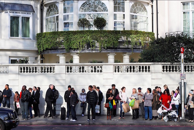 Queuing for the bus in Marble Arch. Photo: Dave McGowan
