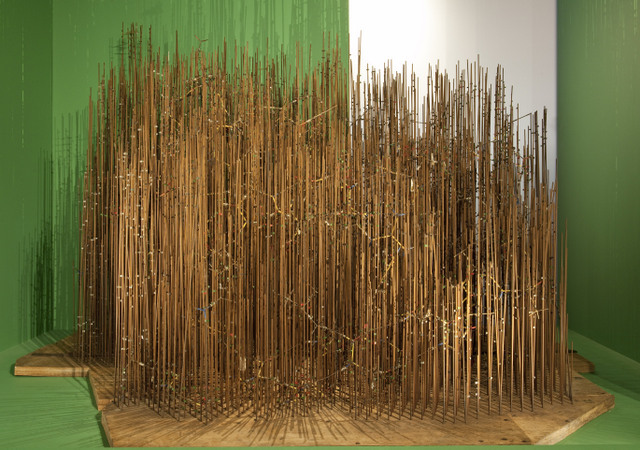 Model of myoglobin ("forest of rods") constructed in 1960 during work on the structure of the molecule to a resolution of  2 Angstroms: it comprises steel rods with meccano clips in wooden base-boards with Kendrew-type skeletal models showing the peptide chain