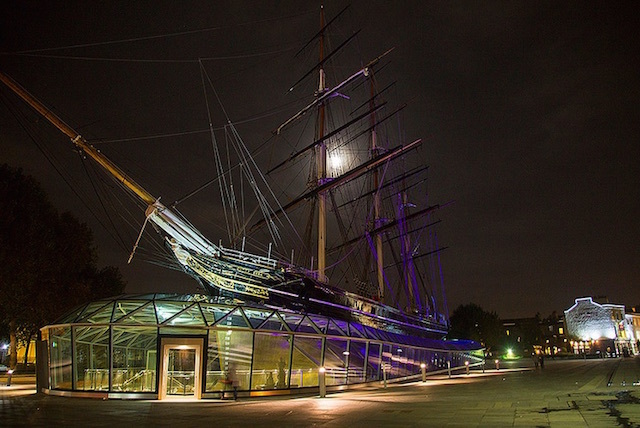 The moon behing the ghostly sails of the Cutty Sark in Greenwich. Photo: Michael Goldrei