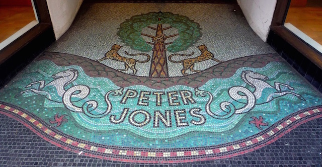 This mosaic sits on the floor at the Cadogan Gardens entrance to Peter Jones department store in Sloane Square. Photographed in 2010. Photo: curry15