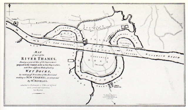 We never fail to get pleasantly disoriented when going round the Isle of Dogs. All those river bends throw up improbable views. If an 18th century architect, Willey Reveley, had had his way the Thames would have its confusing kinks and curves straightened out for good. This was his plan; we are so glad it never got off the drawing board.