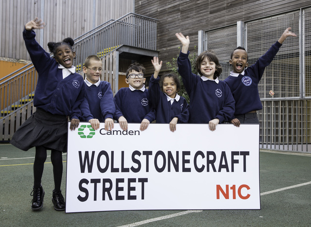 Children from Frank Barnes School for Deaf Children with the streetnaming competition winner for their school new locatioon on the King's Cross estate