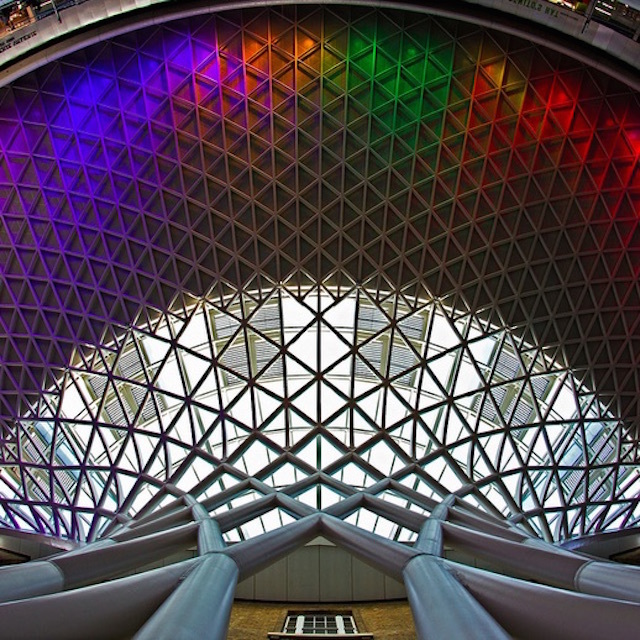 Coloured lighting on the King's Cross station roof. Photo: Dan Borg (2012)