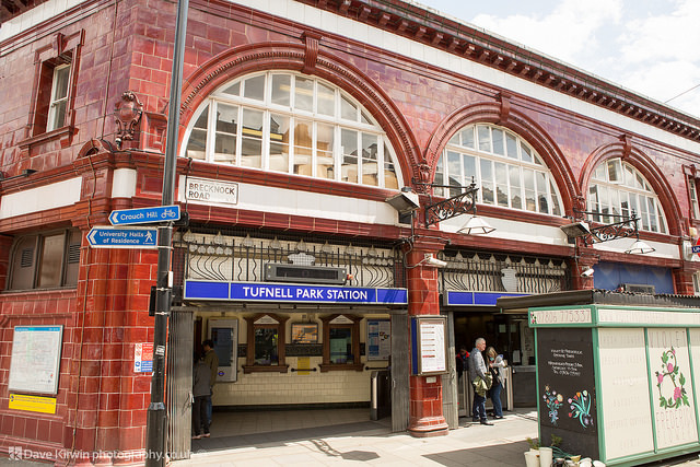 Tufnell Park station with its striking red tile exterior, designed by Leslie Green. Photo by Dave Kirwin from the Londonist Flickr pool.