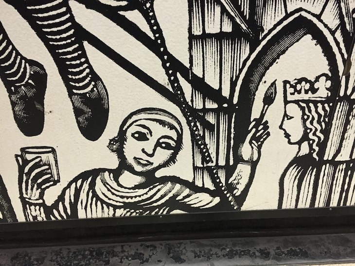 A drawing of a medieval peasant painting with one hand and taking a selfie with another