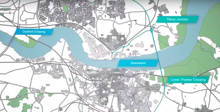 Lower Thames Crossing planned route map from Gravesend to Tilbury