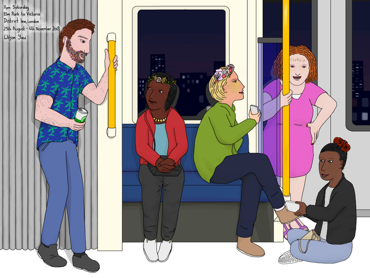 Drawing of partying on the District line