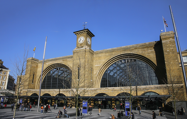 Exterior of King's Cross station against blue skies - the station is shut completely on Saturday and Sunday of the August bank holiday weekend