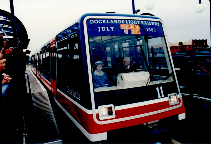 Queen Elizabeth II rides on the DLR in 1987