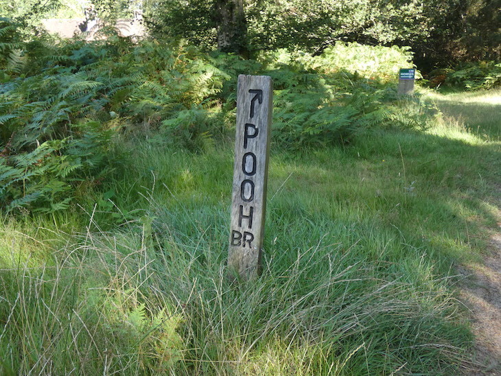 A wooden sign in the forest directing walkers to Pooh Bridge