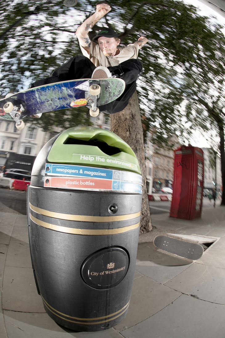 doing an ollie on a bin