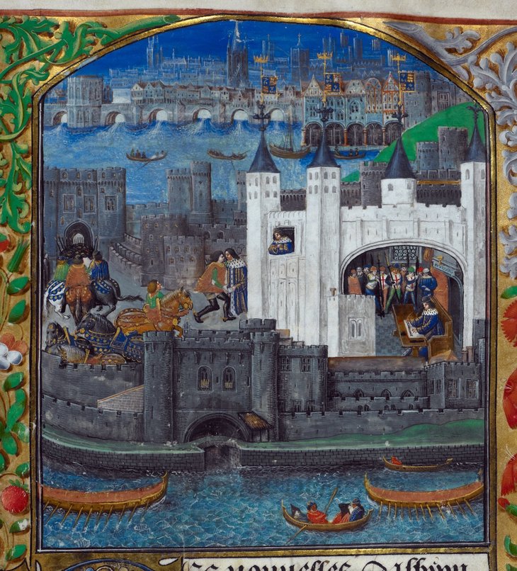 The White Tower (Tower of London) with a wall cutaway, showing people within. In the background a river (the Thames) is spanned by the medieval London Bridge.