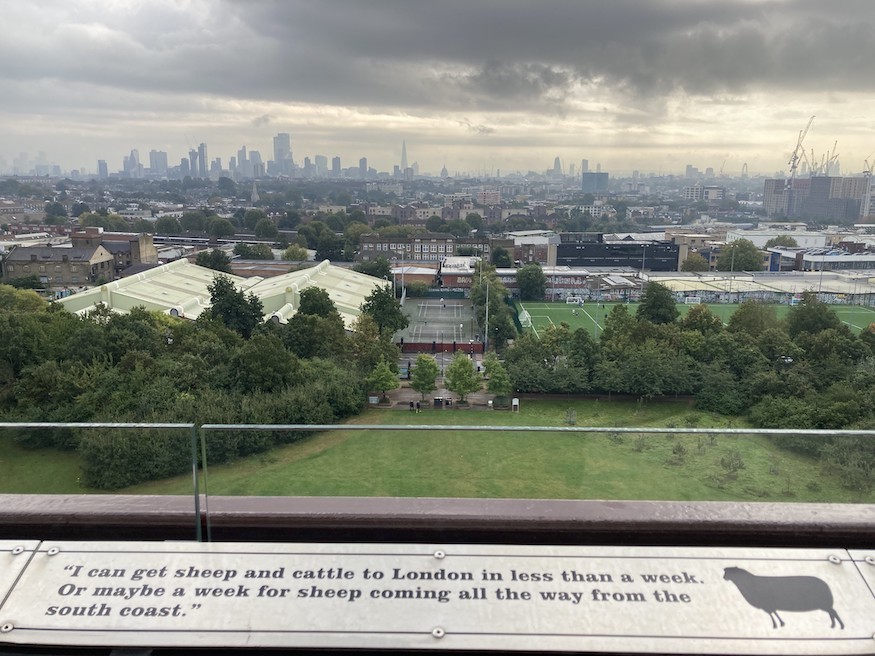 Skyscrapers line the horizon under a menacing sky. A green park is in the foreground as seen from a tower.