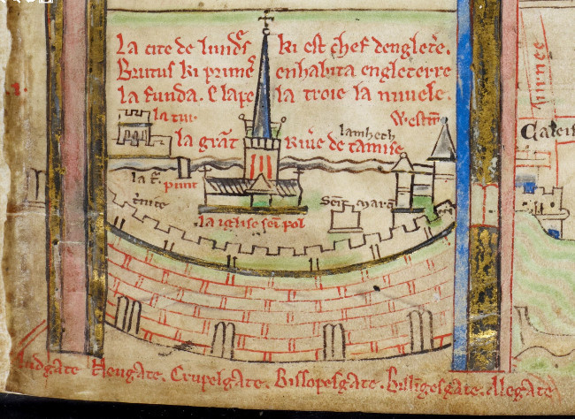 A large spire pokes out from behind a red-inked city wall. Red text explains the scene.