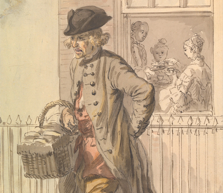 A faintly painted muffin man carries a wicker basket full of baked goods. In the background, well-to-do ladies look out of a window.