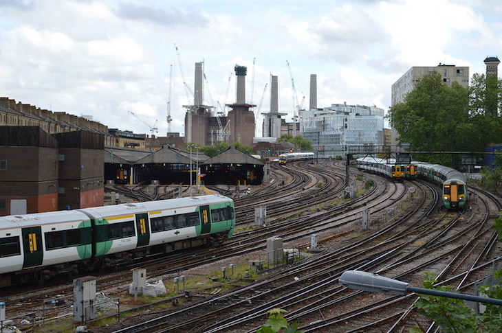 View over the railway tracks from Victoria station towards Battersea Power Station