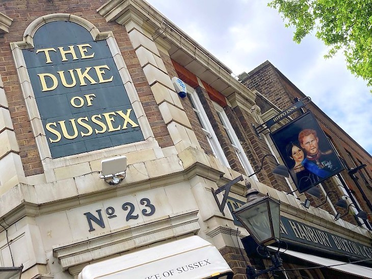 The Duke of Sussex facade - a mix of brown brick and white corner stones in a kind of humble Wren style.