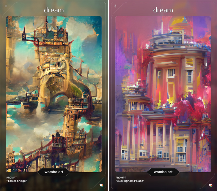 Two paintings by an AI bot. On the left is a twisted version of Tower Bridge. A pink image on the right is a fantasy of Buckingham Palace