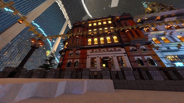 A blocky digital model of Great Ormond Street Hospital with lots of busy things happening in the background