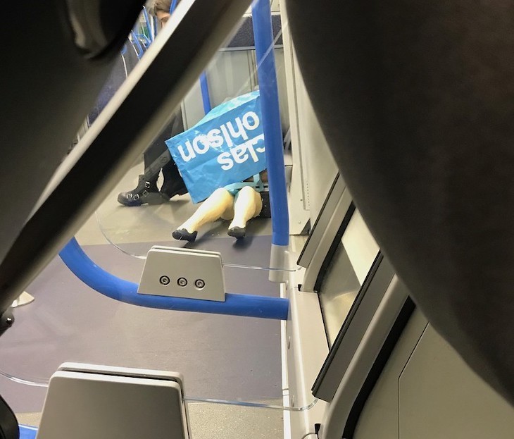 A pair of wooden legs protrudes from under a blue bag, on a train.