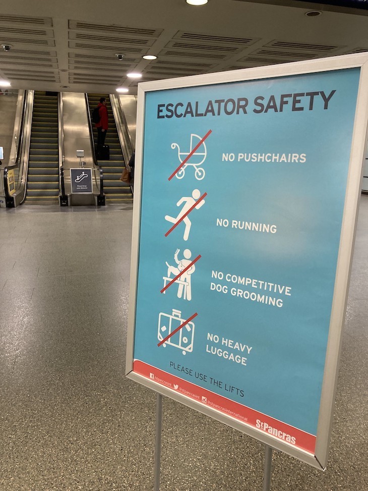 A safety notice for an escalator includes the usual advice, like 'no running', but also 'No competitive dog grooming'.