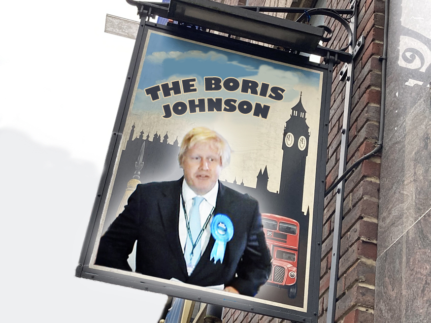 A hanging pub sign with Boris Johnson in front of a Westminster skyline