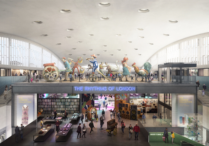 The interior of a museum space with a cavernous, curving roof