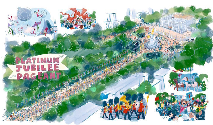 A colourful illustration of a celebration outside Buckingham Palace and along The Mall, seen from a birds eye view. 