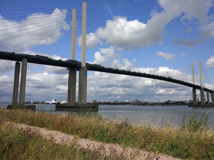 The Dartford Crossing bridge over the Thames, seen from a footpath on the south side of the water