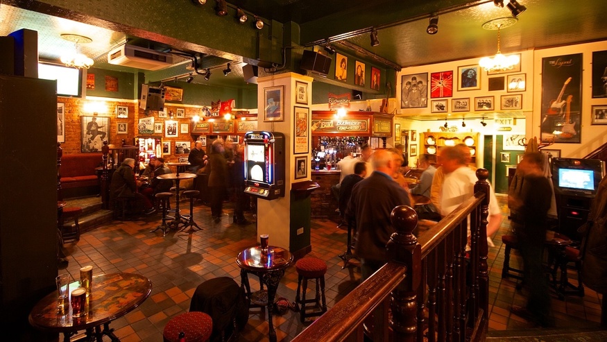 A dimly lit bar area