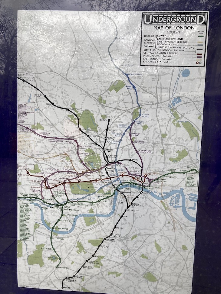 A very old tube map, with lines of the wrong colour and set out geographically rather than the schematic plan of the modern map