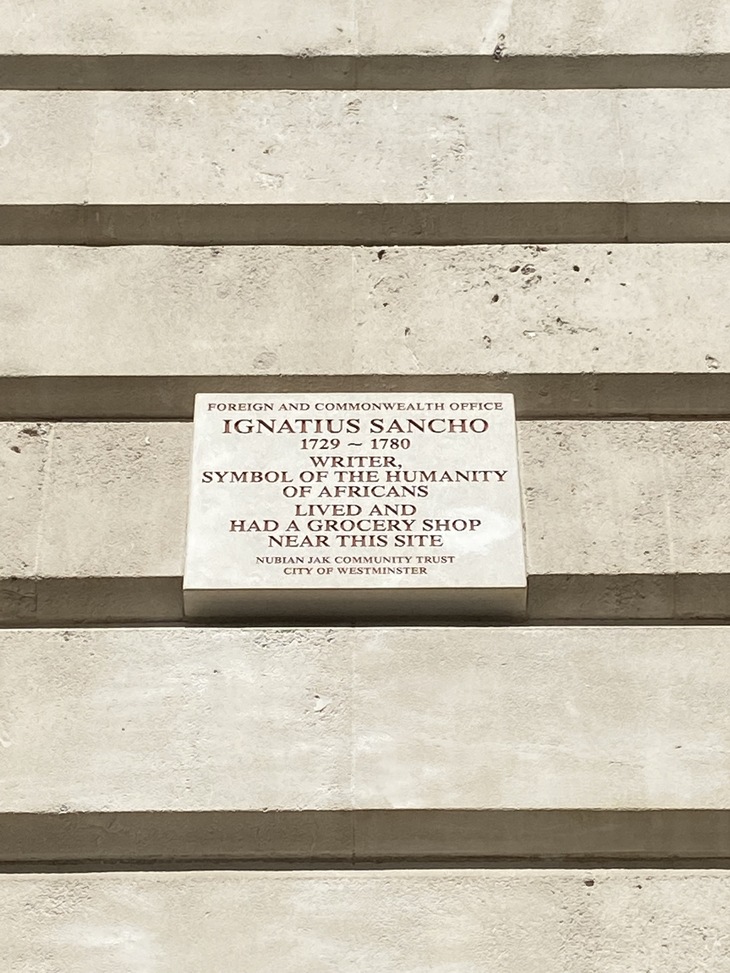 Rectangular white plaque celebrating Ignatius Sancho