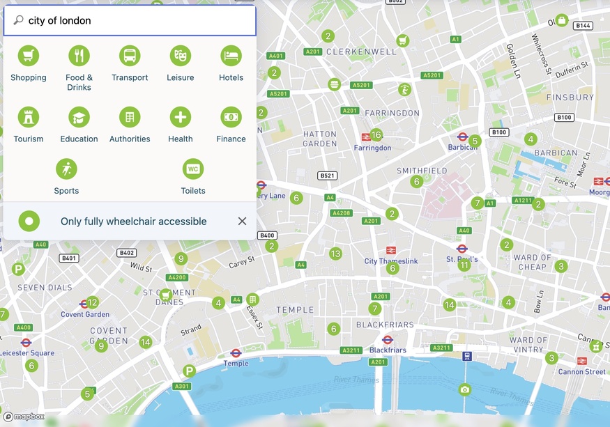 A map of central London, flagging various amenities for people in wheelchairs