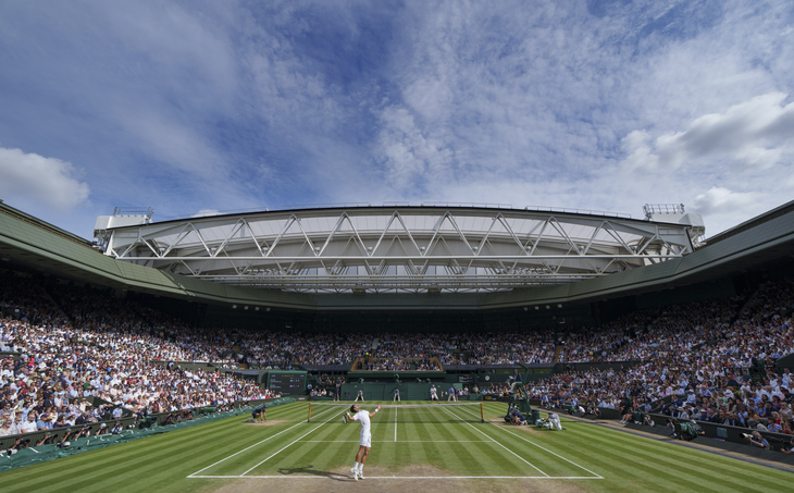 Novak Djokovic (SRB) serves against Matteo Berrettini (ITA) in the final of the Gentlemen's Singles on Centre Court  at The Championships 2021. Held at The All England Lawn Tennis Club, Wimbledon. Day 13 Sunday 11/07/2021. Credit: AELTC/Joe Toth