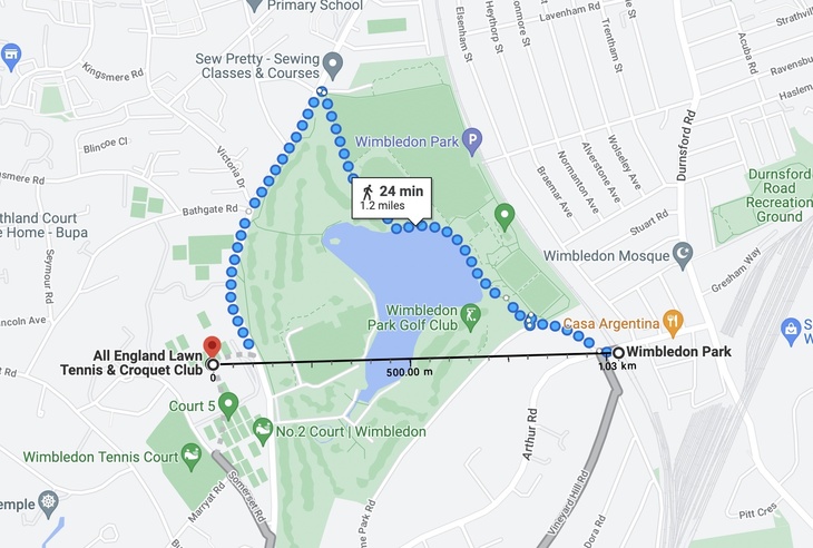 Map showing the distance from the tennis to Wimbledon Park