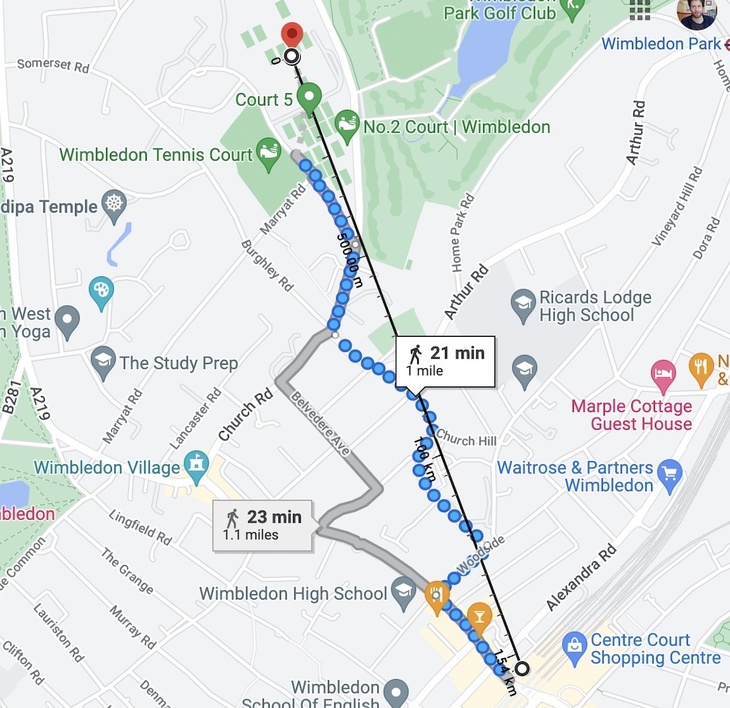 Map showing the distances from the tennis to Wimbledon station