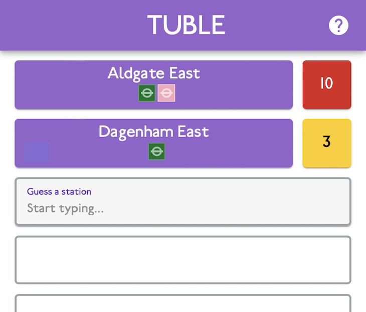 A web puzzle, with two purple fields already filled in