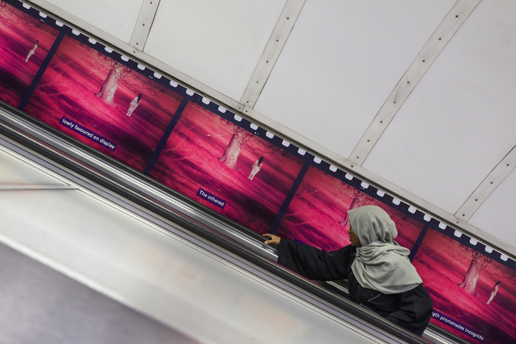 A woman passes the artwork on an escalator