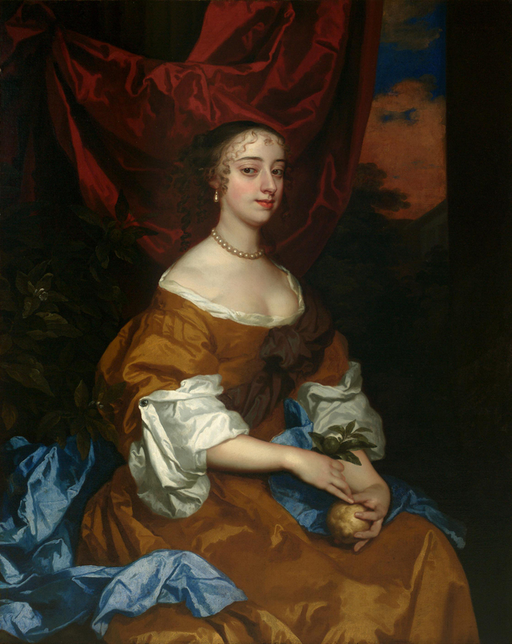 A 17th century woman in brown satin dress and pearls