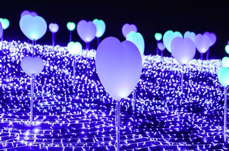 At night-time, a field with several heart-shaped lanterns in blue and green hues, mounted onto poles like giant lollipops. Below them, the ground is covered in a blanket of purple-blue fairy lights.