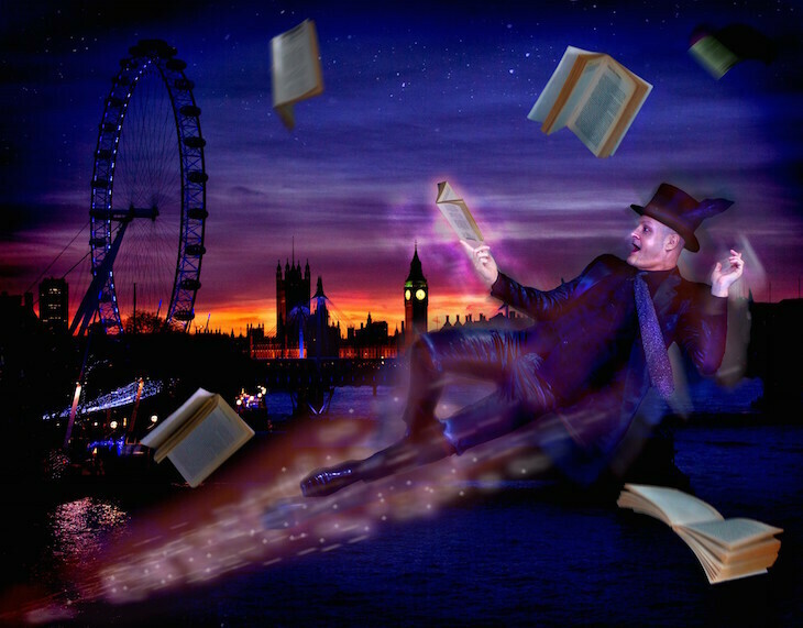 A cartoon-style graphic showing the London Eye and Elizabeth Tower against a purple and orange sky, with a man floating and reading a book and other books flying around him.